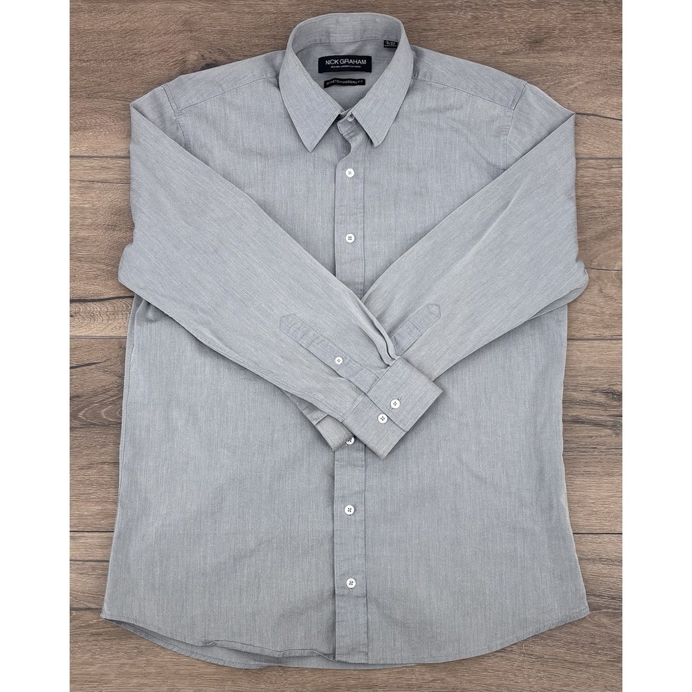 Nick Graham Dress Shirt Size Large 16-16.5 Large Gray Stretch Modern Fit 32 - 33
